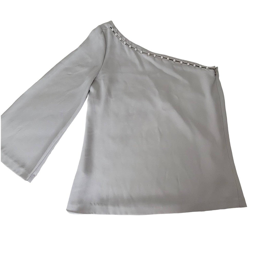 Anna Cate Satin Top XS‎ Gray One Shoulder Pearl Trim Long Sleeve Evening